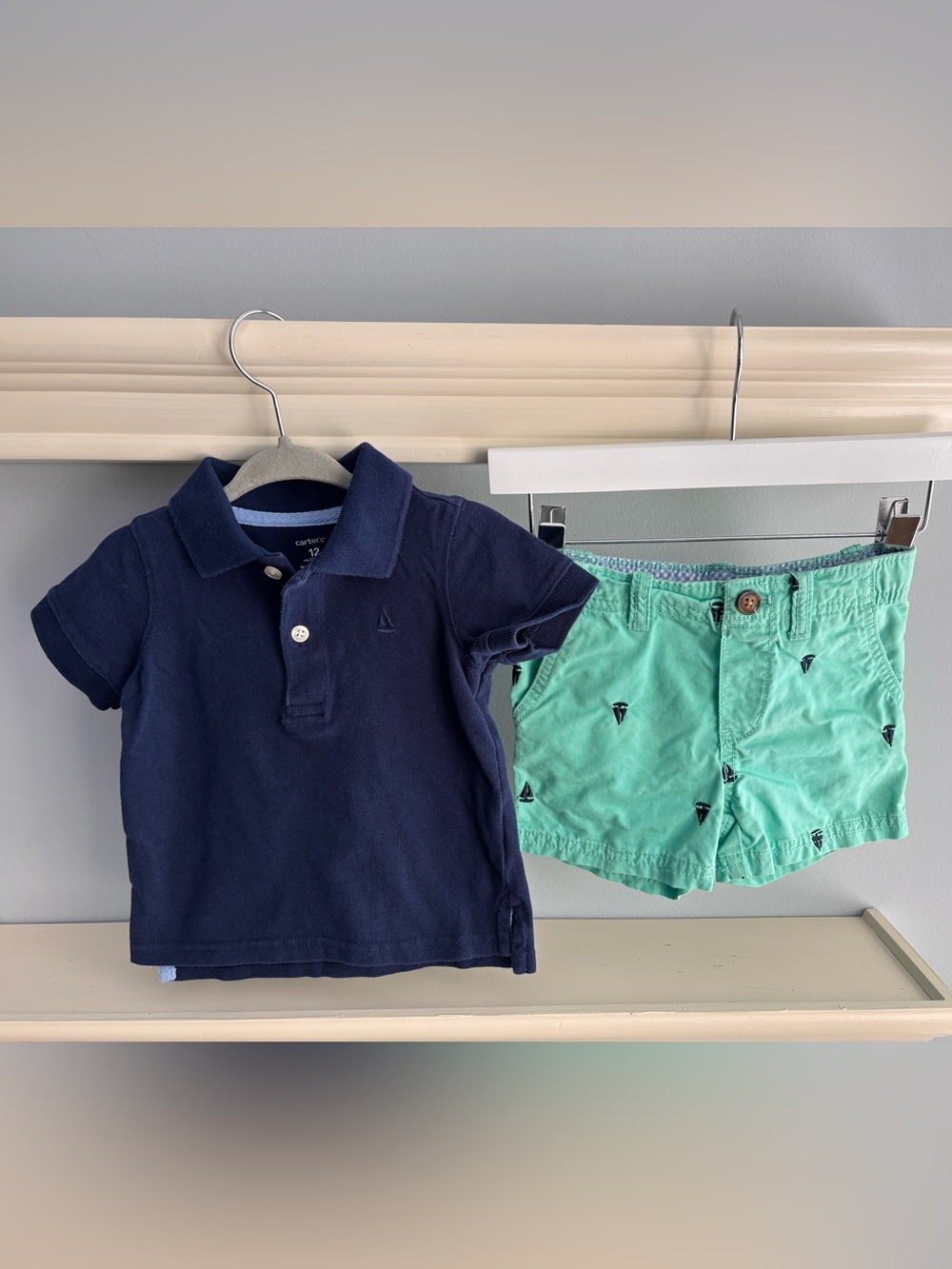 Carter's Navy Polo and Mint Green Embroidered Shorts Set
